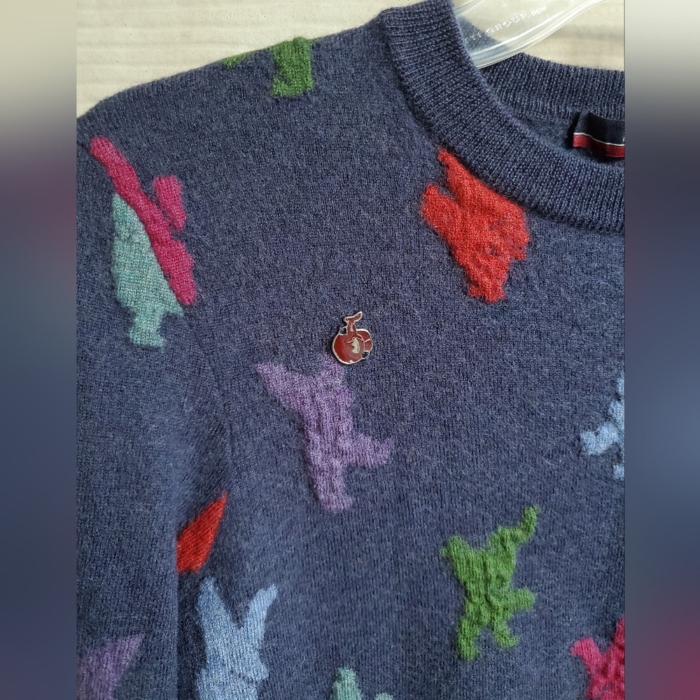 Bosco Fresh 100% Wool Multicolored Graphic Dino Pattern Navy Crewneck Sweater - Picture 3 of 14
